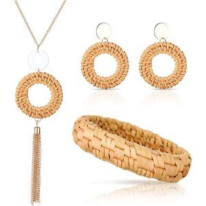 3 Pcs Rattan Necklace Earrings Bracelet Set Includes Dangle Earring Bohemian